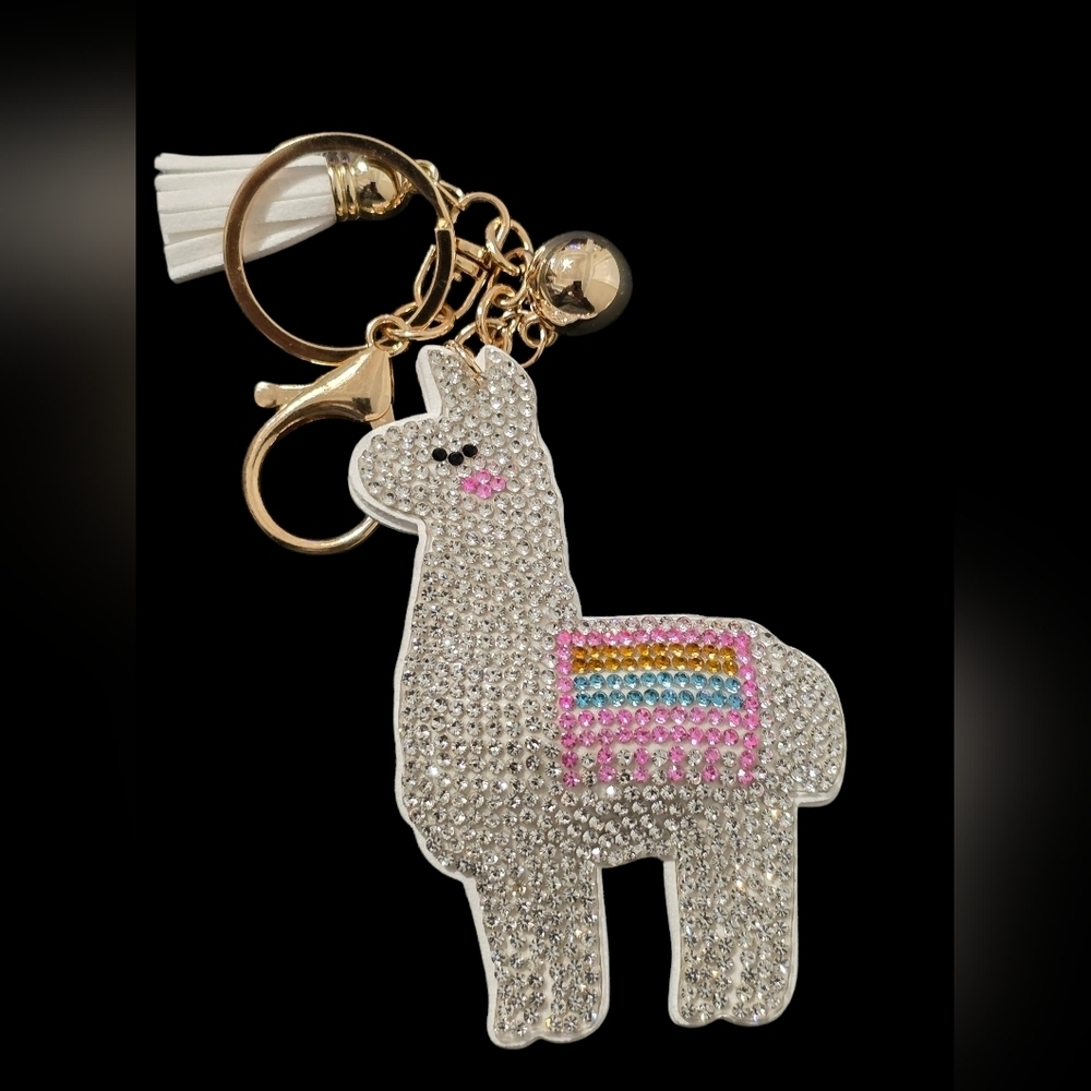 Sparkling Llama Bag Chatm Keychain with Gold Accents